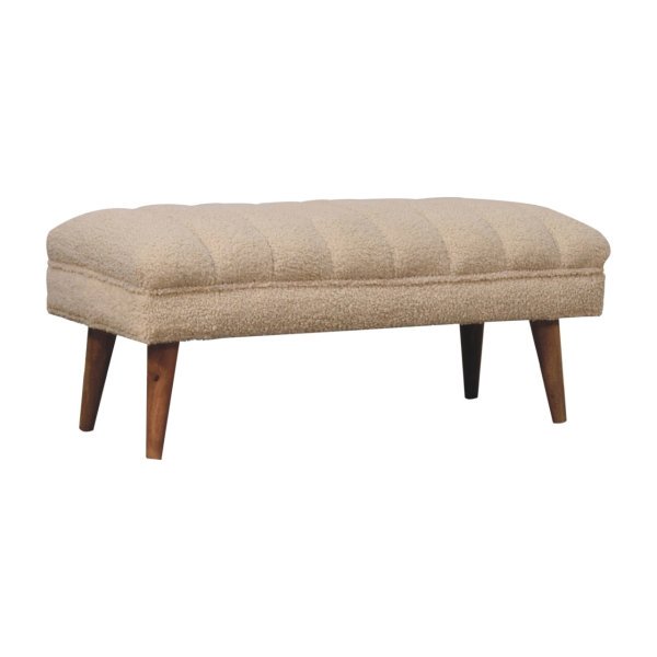 Solid Mango Wood Natural Finish Cream Boucle Upholstered Puffer Bench - Image 2