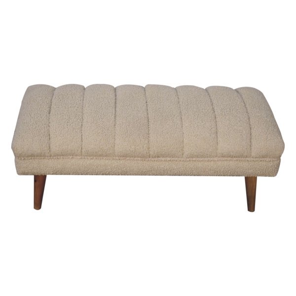 Solid Mango Wood Natural Finish Cream Boucle Upholstered Puffer Bench - Image 5
