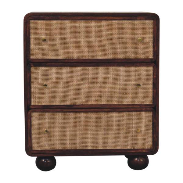 Solid Mango Wood Chestnut Finished 3 Drawer Woven Front Chest