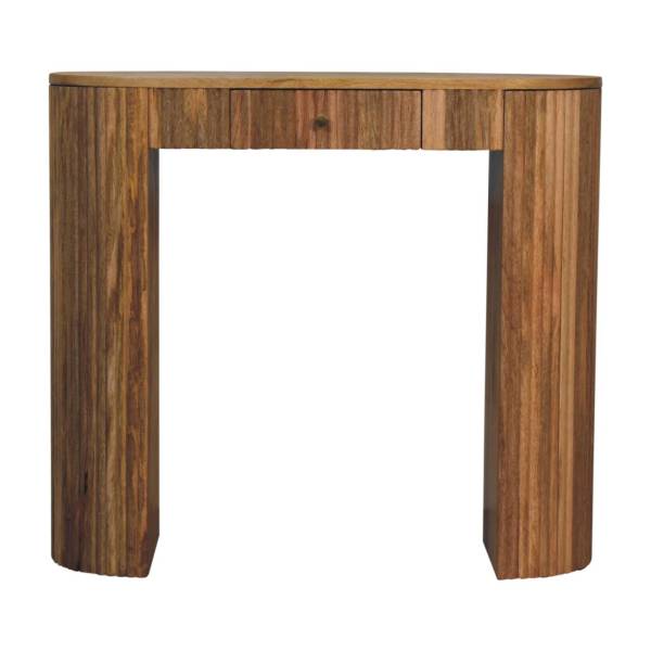 Solid Mango Wood Oak Finished Concealed Drawer Chunky Legs Soba Straight Console Table