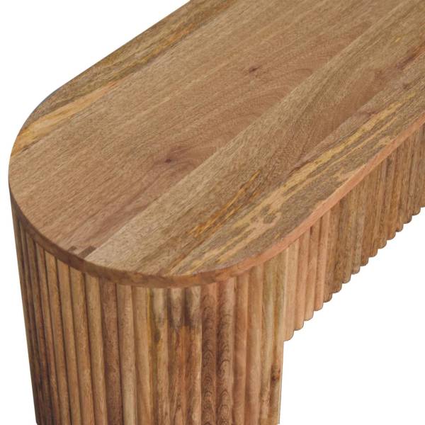 Solid Mango Wood Oak Finished Chunky Legs Concealed Drawers Soba Straight Media Unit - Image 5