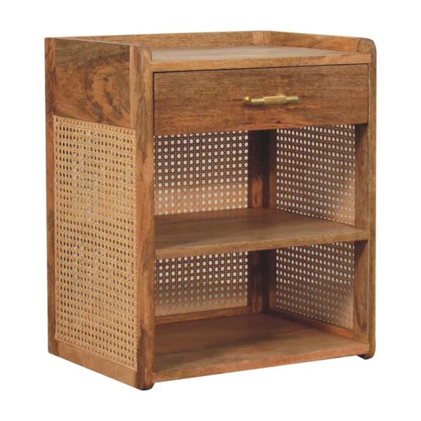 Solid Mango Wood Oak Finished 1 Drawer 2 Slots Larissa T-Bar Open Bedside - Image 2