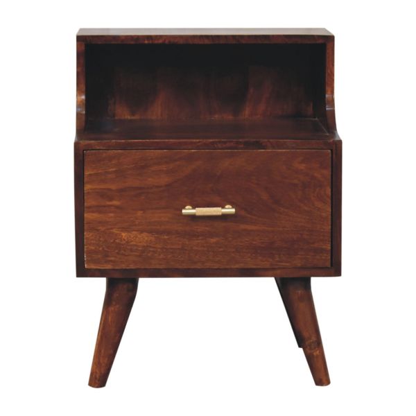 Solid Mango Wood Chestnut Finished 1 Drawer T-bar Handle High Back Bedside