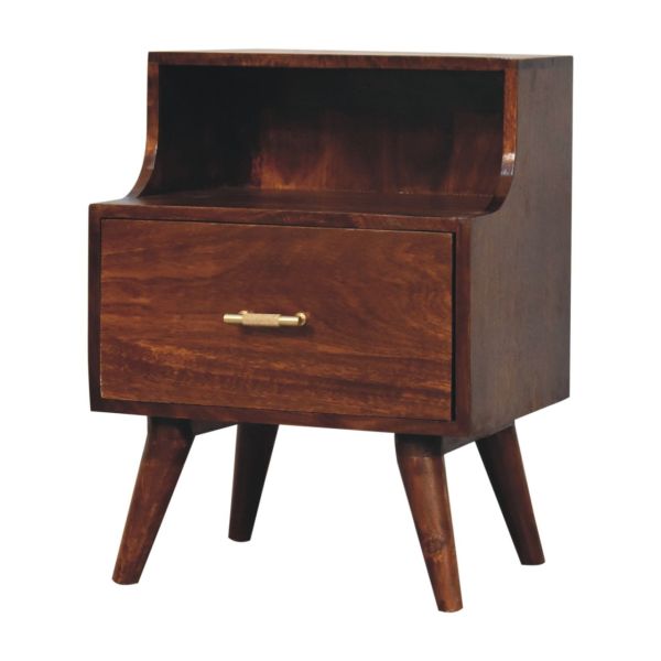 Solid Mango Wood Chestnut Finished 1 Drawer T-bar Handle High Back Bedside - Image 2