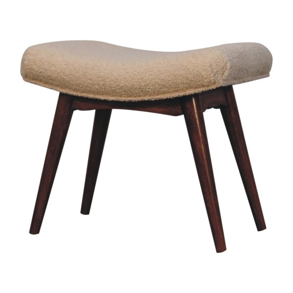Solid Mango Wood Honey Caramel Finished Boucle Cream Upholstered Curved Bench - Image 2
