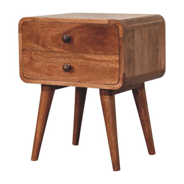 Solid Mango Wood Curved Honey Caramel Finished 2 Drawer Bedside - Image 8