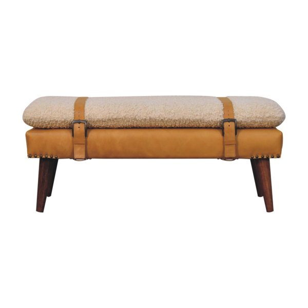 Solid Mango Wood Boucle & Tan Leather Finished Bench