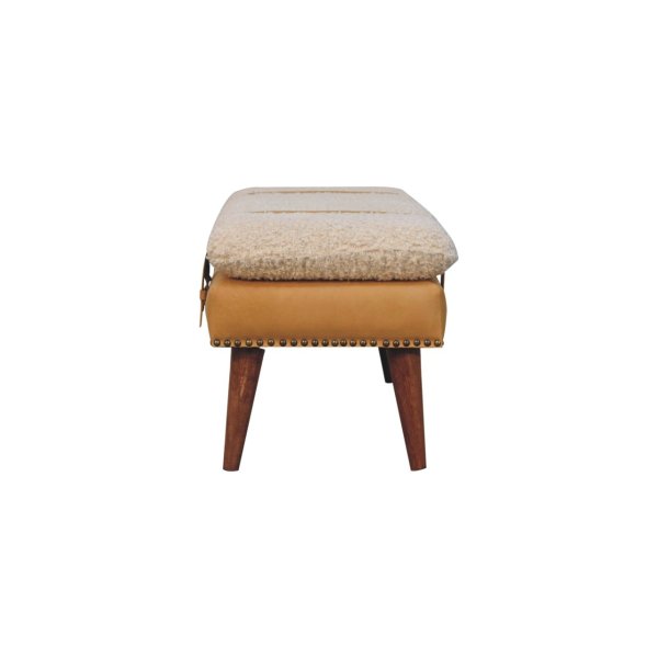 Solid Mango Wood Boucle & Tan Leather Finished Bench - Image 8