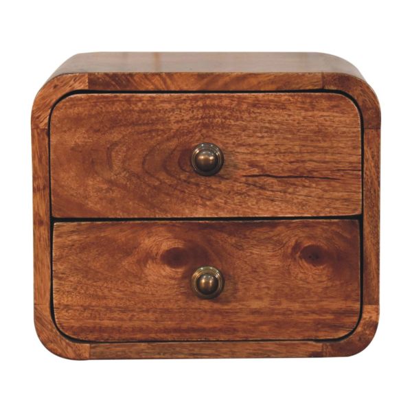 Solid Mango Wood Honey Caramel Finished 2 Drawer Mini Curved Wall Mounted Bedside