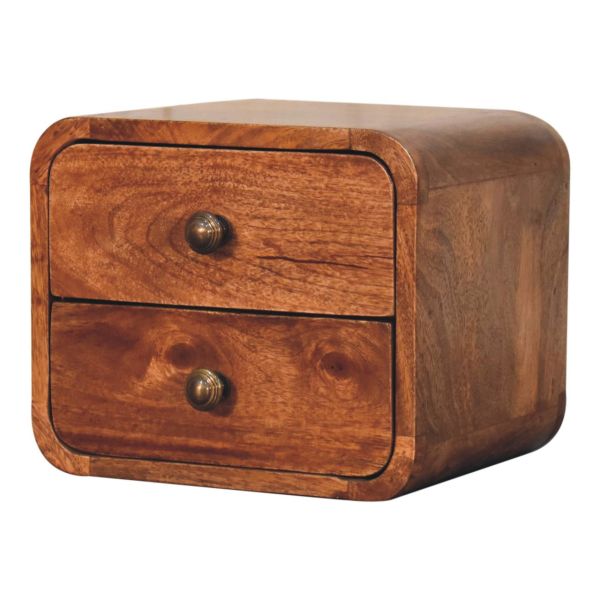 Solid Mango Wood Honey Caramel Finished 2 Drawer Mini Curved Wall Mounted Bedside - Image 2