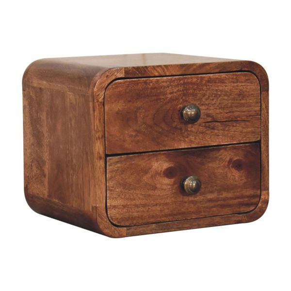 Solid Mango Wood Honey Caramel Finished 2 Drawer Mini Curved Wall Mounted Bedside - Image 3