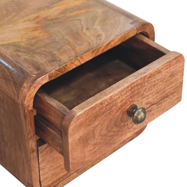 Solid Mango Wood Honey Caramel Finished 2 Drawer Mini Curved Wall Mounted Bedside - Image 6