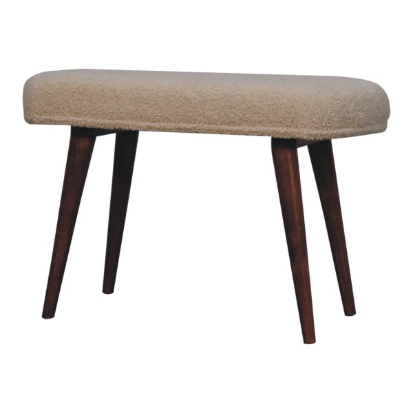 Solid Mango Wood Honey Caramel Finished Upholstered Boucle Cream Nordic Bench - Image 2