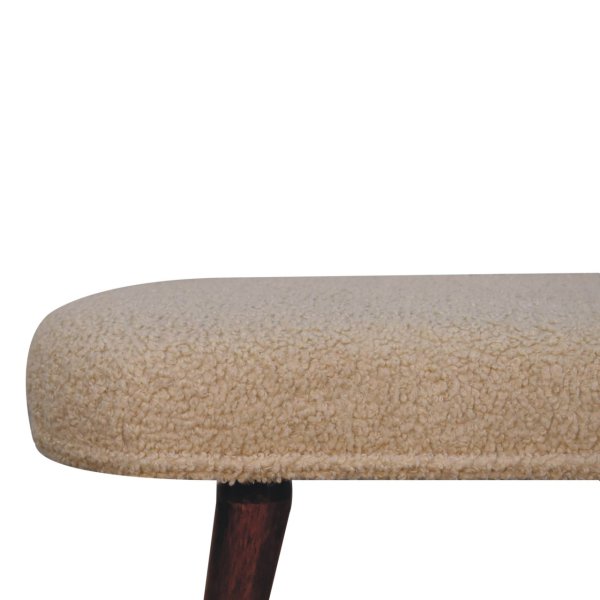 Solid Mango Wood Honey Caramel Finished Upholstered Boucle Cream Nordic Bench - Image 3
