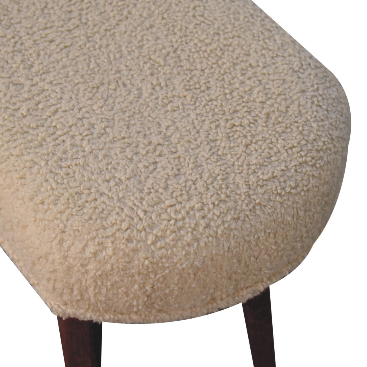 Solid Mango Wood Honey Caramel Finished Upholstered Boucle Cream Nordic Bench - Image 4