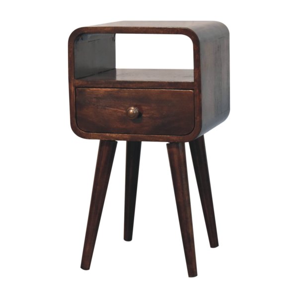 Solid Mango Wood Mini California Walnut Finished 1Drawer 1 Slot Curved Bedside - Image 3