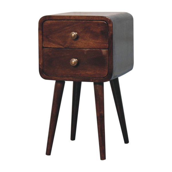 Solid Mango Wood California Walnut Finished 2 Drawer Mini Curved Bedside - Image 2
