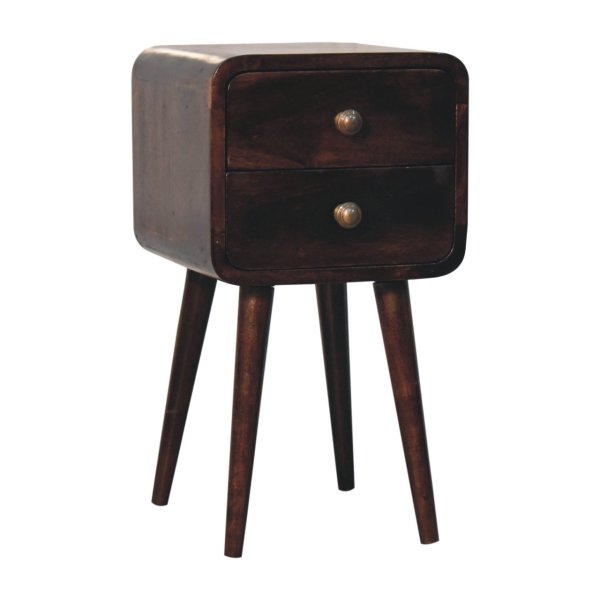Solid Mango Wood California Walnut Finished 2 Drawer Mini Curved Bedside - Image 3