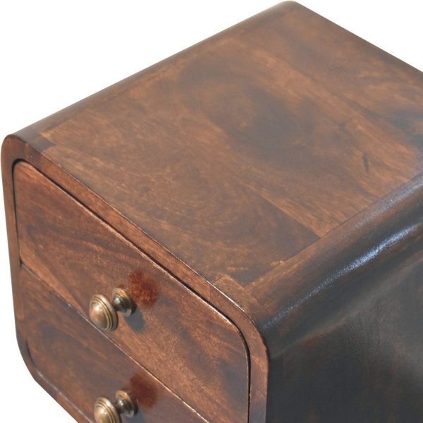 Solid Mango Wood California Walnut Finished 2 Drawer Mini Curved Bedside - Image 5