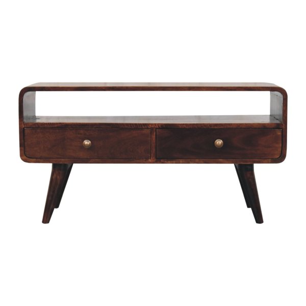 Solid Mango Wood California Walnut Finished 2 Drawer Curved Media Unit