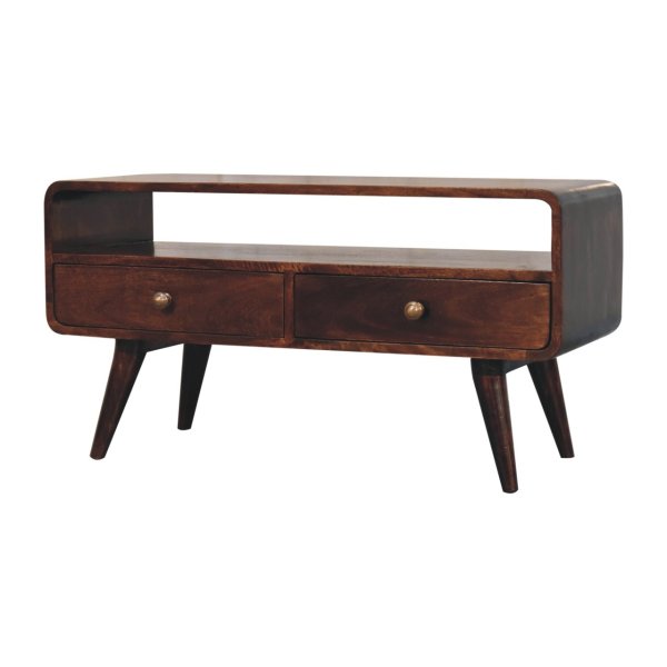 Solid Mango Wood California Walnut Finished 2 Drawer Curved Media Unit - Image 2