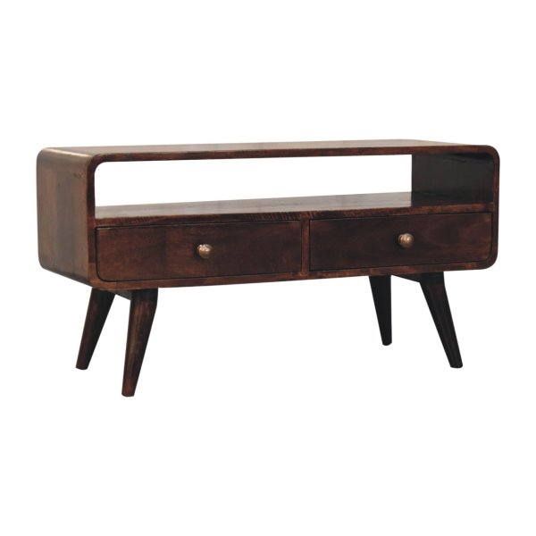 Solid Mango Wood California Walnut Finished 2 Drawer Curved Media Unit - Image 3