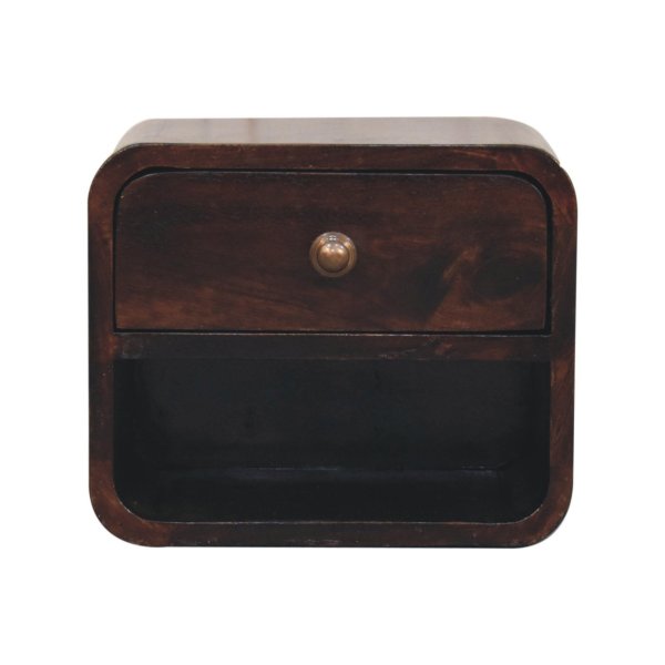 Solid Mango Wood California Walnut 1 Drawer 1 Slot Mini Curved Wall Mounted Bedside