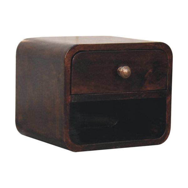 Solid Mango Wood California Walnut 1 Drawer 1 Slot Mini Curved Wall Mounted Bedside - Image 2
