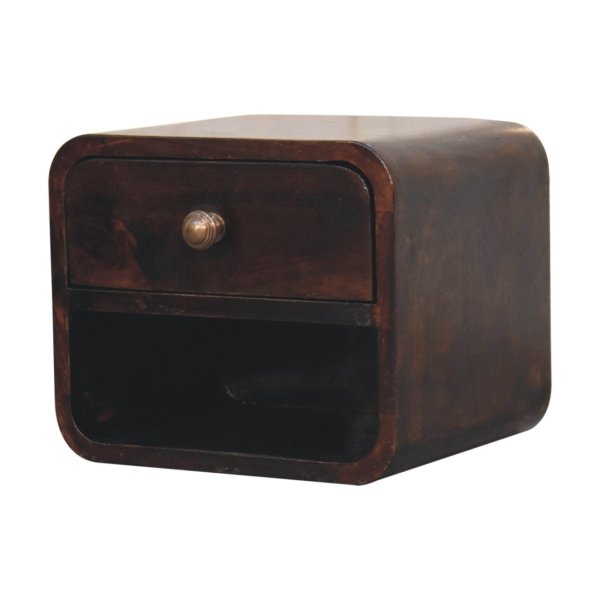 Solid Mango Wood California Walnut 1 Drawer 1 Slot Mini Curved Wall Mounted Bedside - Image 3