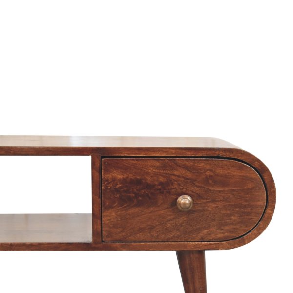 Solid Mango Wood California Walnut Finished 2 Drawer Rounded TV Unit - Image 4