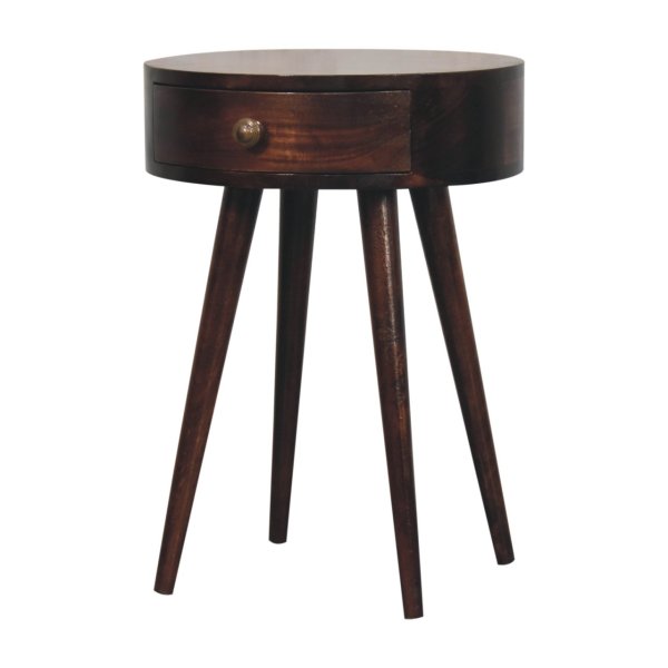 Solid Mango Wood California Walnut Finished 1 Drawer Nordic Style Circular Shaped Bedside - Image 3