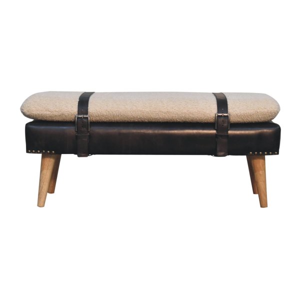 Solid Mango Wood Boucle & Buffalo Hide Black Leather Finished Bench