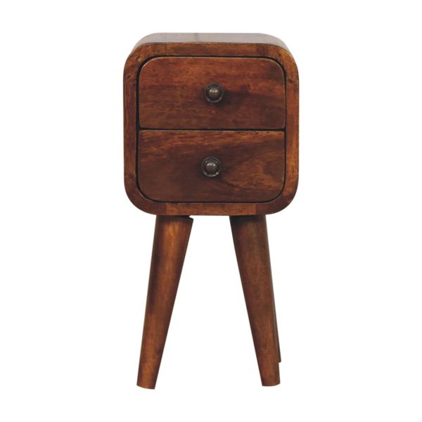 Solid Mango Wood Chestnut Finished 2 Drawer Extra Mini Curved Bedside