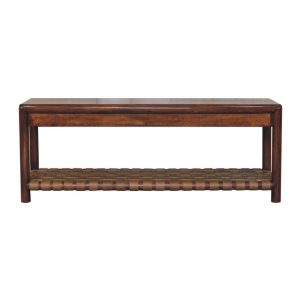 Solid Mango Wood Chestnut Finished Regency Woven Shelf Bench