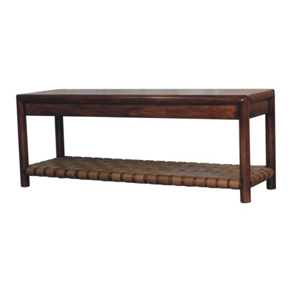 Solid Mango Wood Chestnut Finished Regency Woven Shelf Bench - Image 3