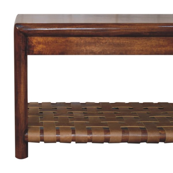 Solid Mango Wood Chestnut Finished Regency Woven Shelf Bench - Image 4