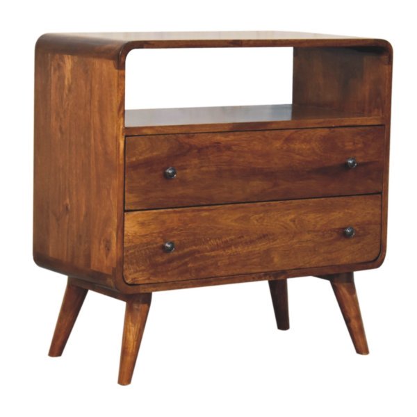 Solid Mango Wood Chestnut Finished 2 Drawer Curved Nordic Charm Chest - Image 2