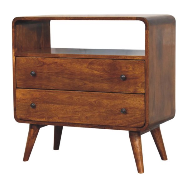Solid Mango Wood Chestnut Finished 2 Drawer Curved Nordic Charm Chest - Image 3