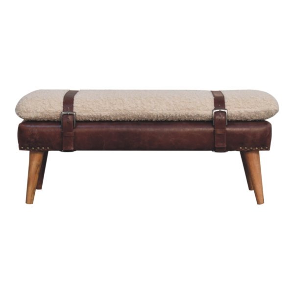 Solid Mango Wood Boucle & Mahogany Leather Finished Bench