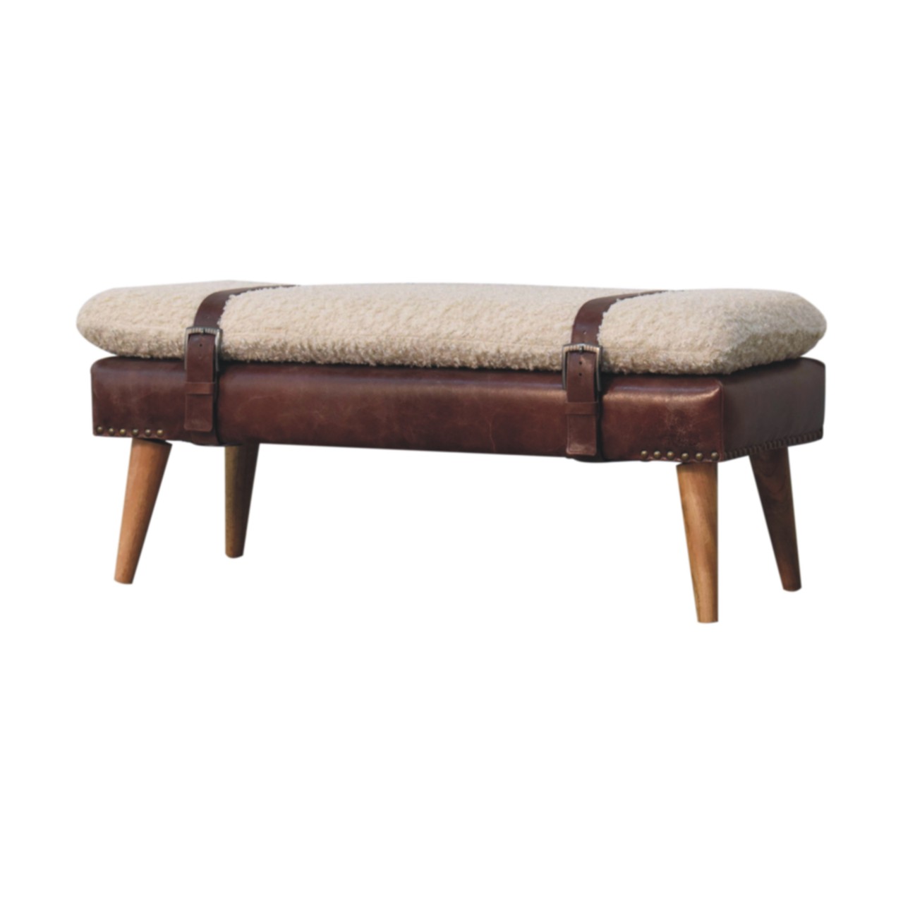 Solid Mango Wood Boucle & Mahogany Leather Finished Bench - Image 3