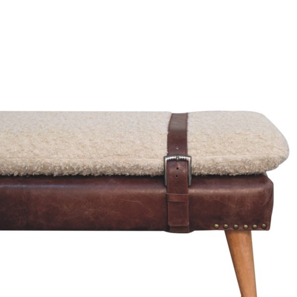 Solid Mango Wood Boucle & Mahogany Leather Finished Bench - Image 4