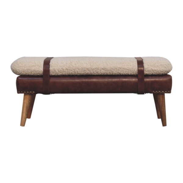 Solid Mango Wood Boucle & Mahogany Leather Finished Bench - Image 9