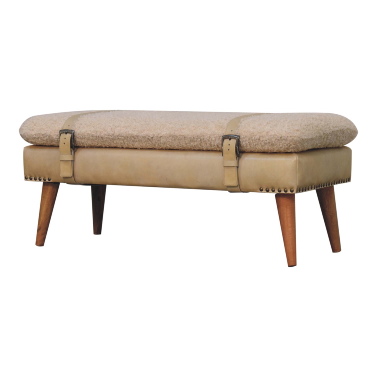 Solid Mango Wood Boucle & Beige Leather Finished Bench - Image 2