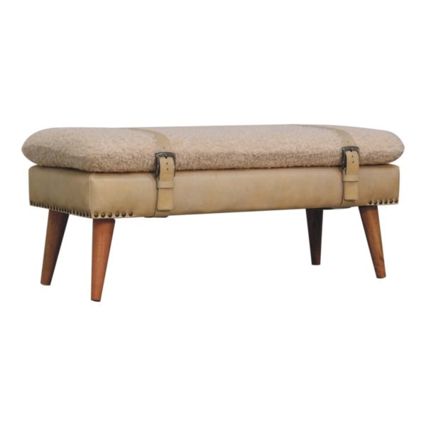 Solid Mango Wood Boucle & Beige Leather Finished Bench - Image 3