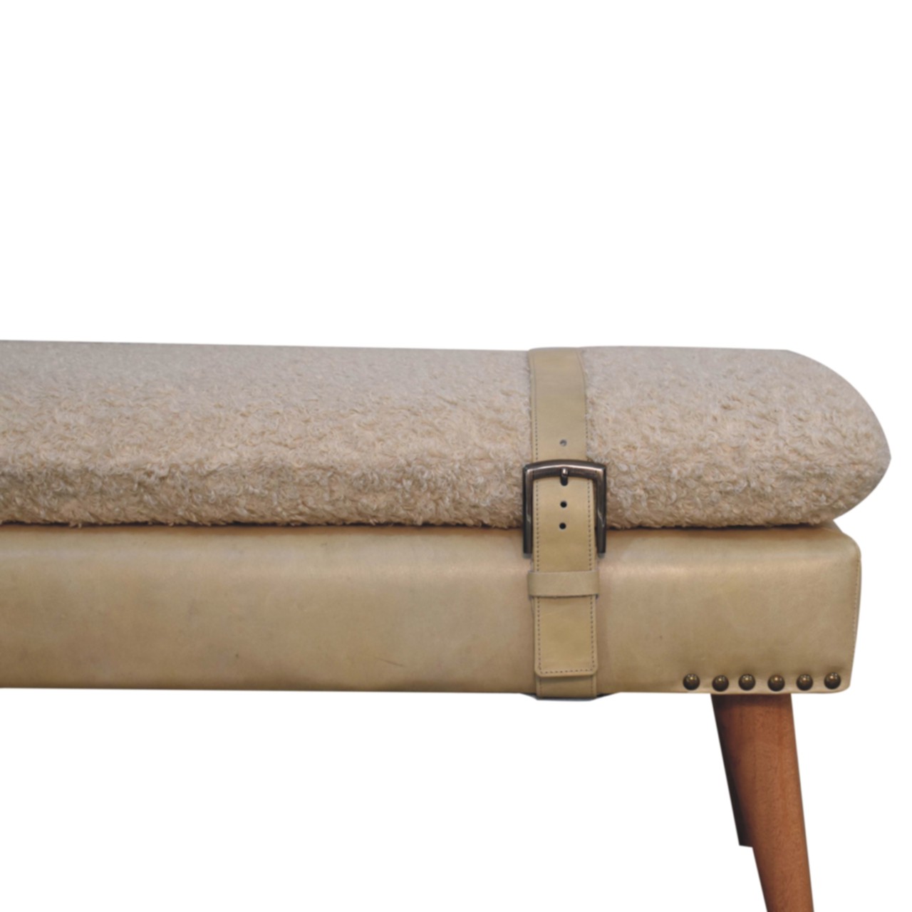 Solid Mango Wood Boucle & Beige Leather Finished Bench - Image 4