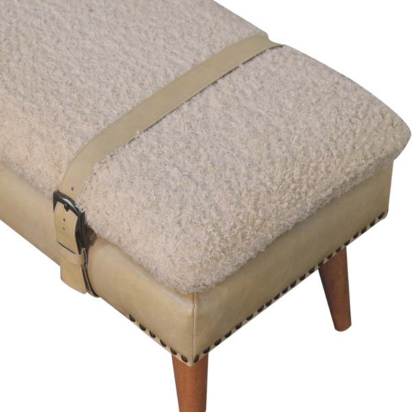 Solid Mango Wood Boucle & Beige Leather Finished Bench - Image 5