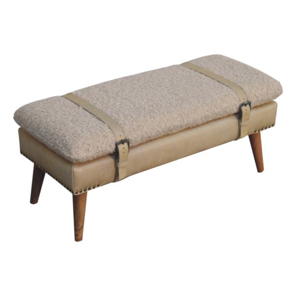 Solid Mango Wood Boucle & Beige Leather Finished Bench - Image 6
