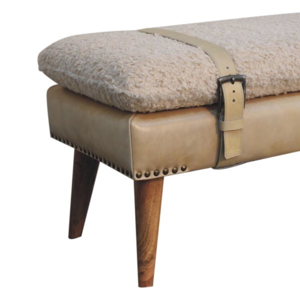 Solid Mango Wood Boucle & Beige Leather Finished Bench - Image 7