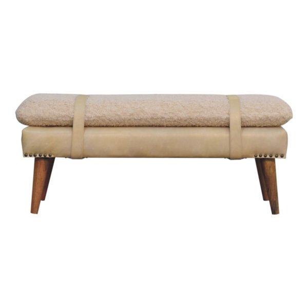 Solid Mango Wood Boucle & Beige Leather Finished Bench - Image 9