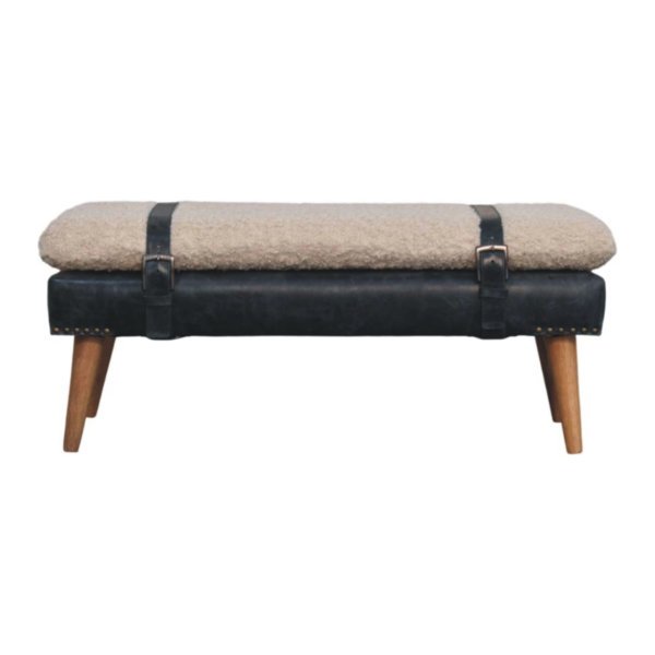 Solid Mango Wood Boucle & Black Leather Finished Bench